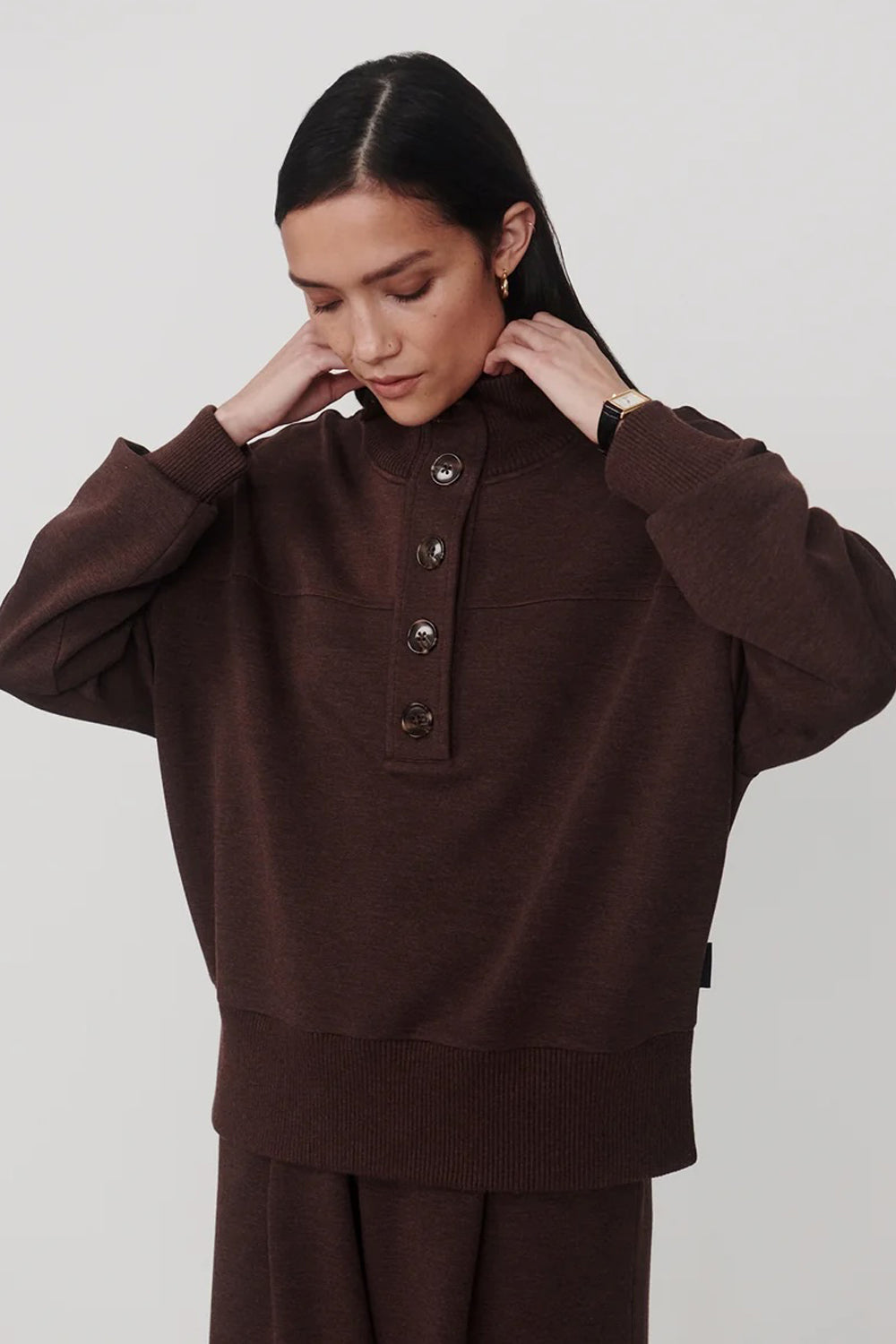 Varley Bronya Button Placket Sweat in Coffee Bean Marl