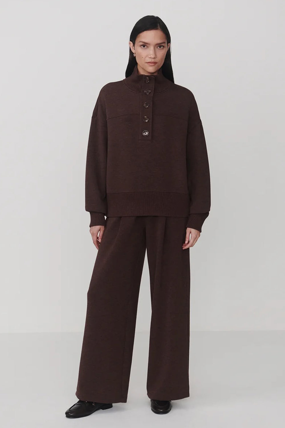Varley Bronya Button Placket Sweat in Coffee Bean Marl