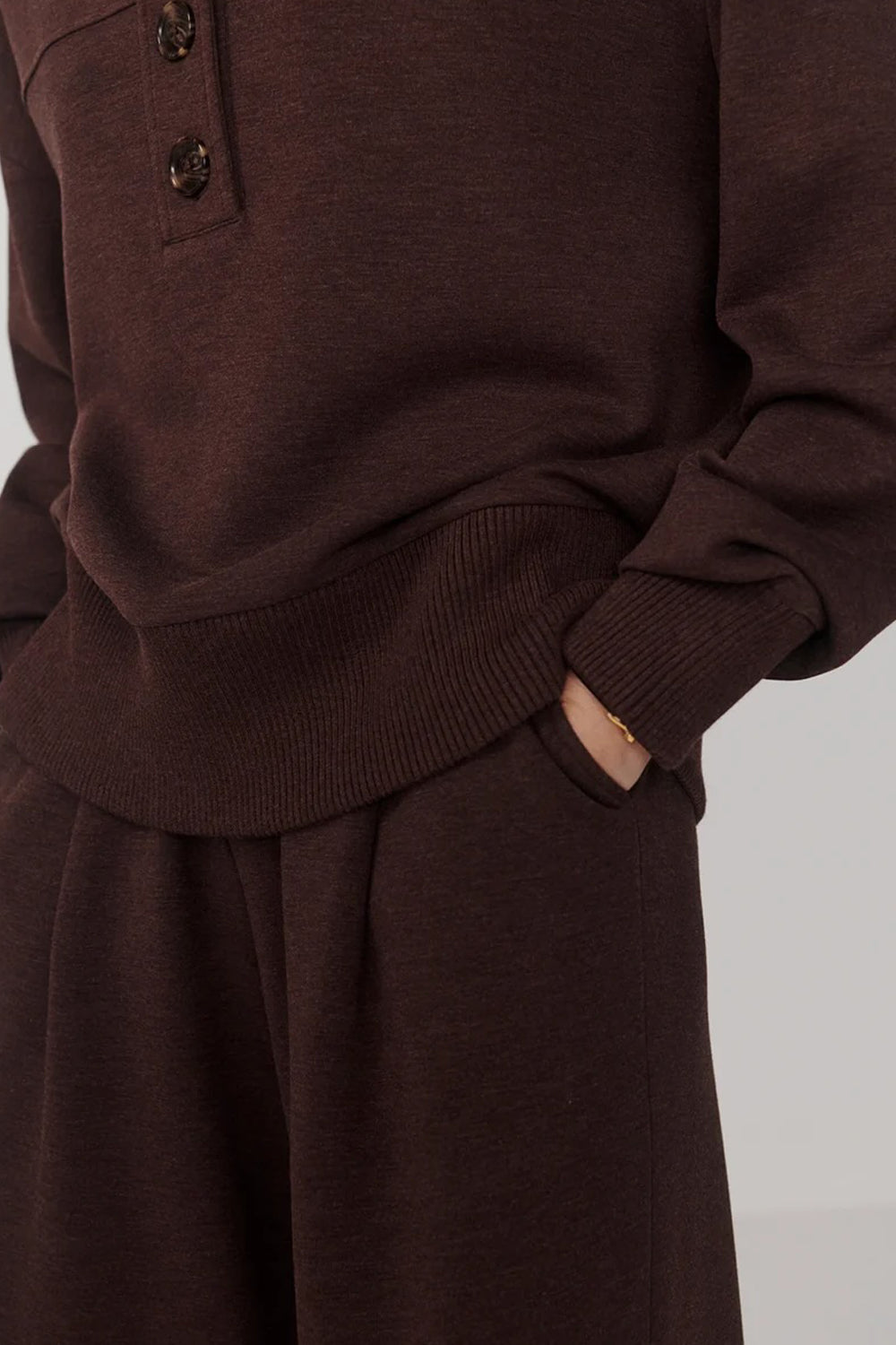 Varley Bronya Button Placket Sweat in Coffee Bean Marl