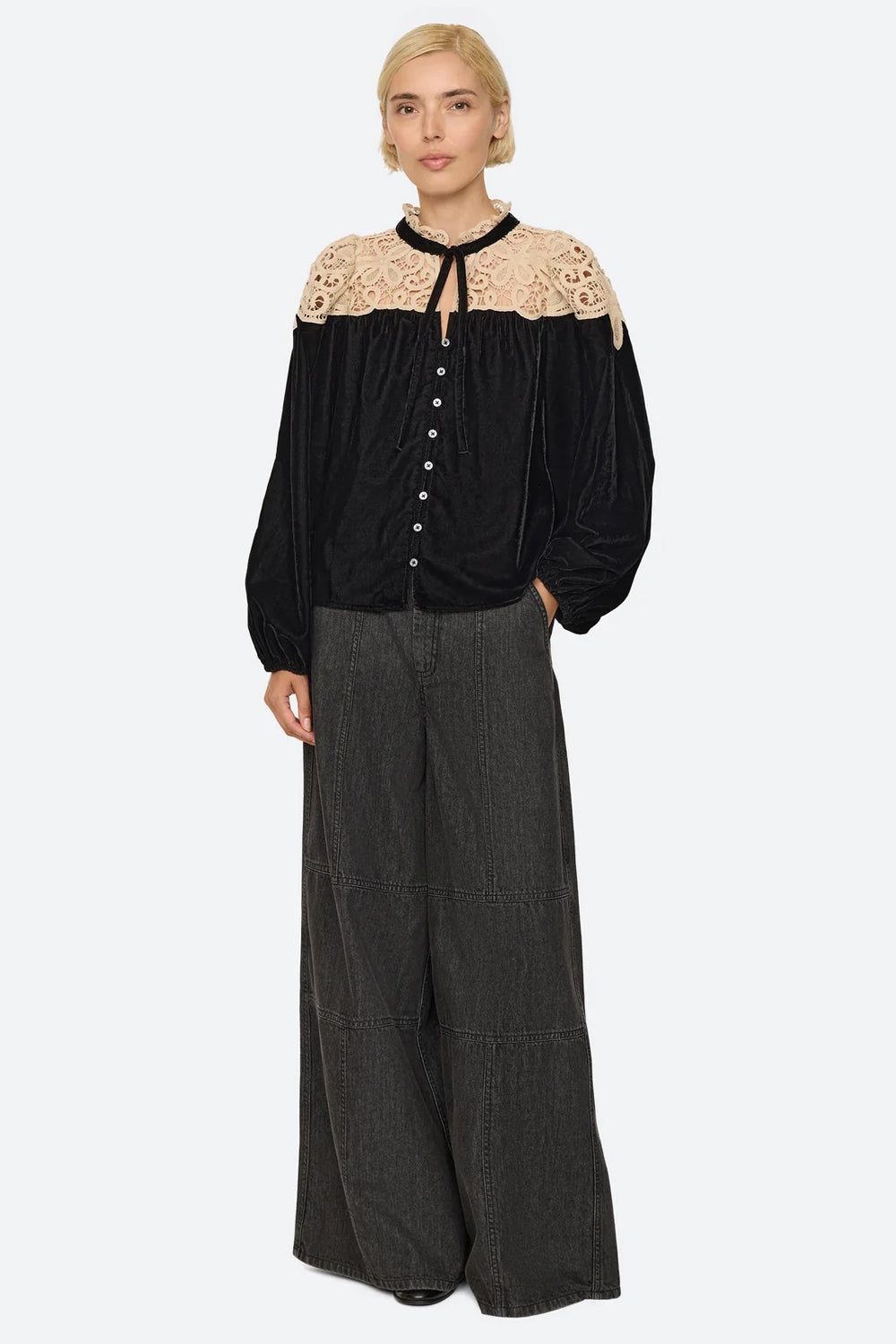 Sea NY Shiloh Embroidered Long Sleeve Top in Black