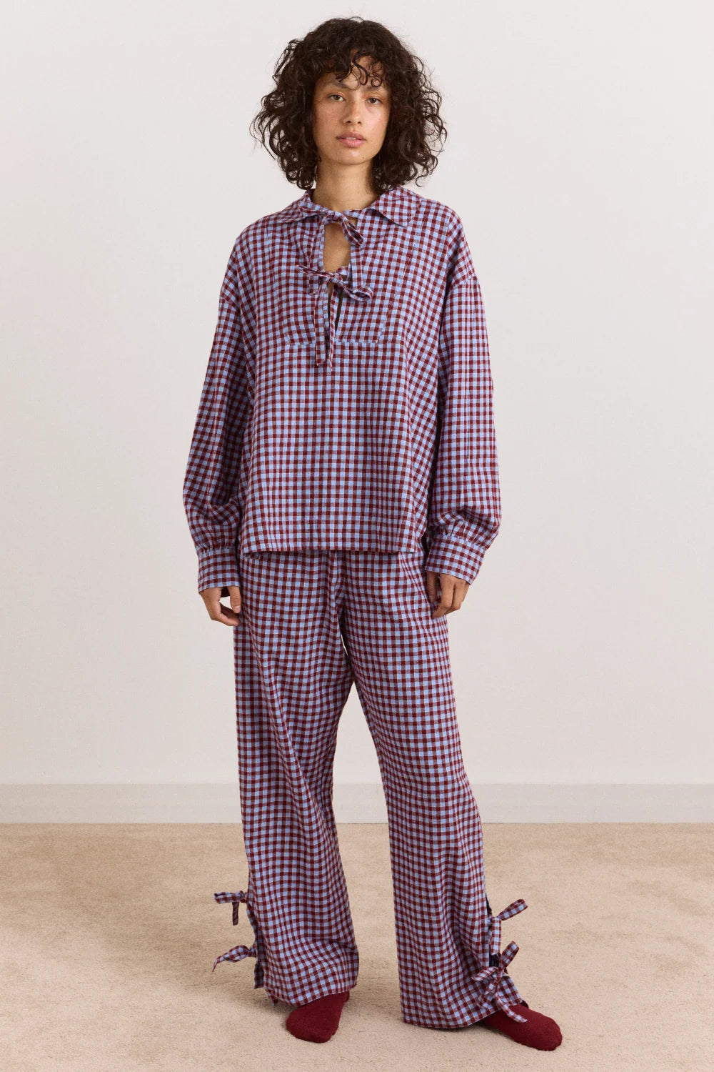 Damson Madder Floki PJ Set in Flannel Red and Blue Gingham