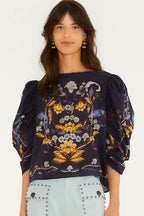 Farm Rio Golden Nature Navy Blue Blouse