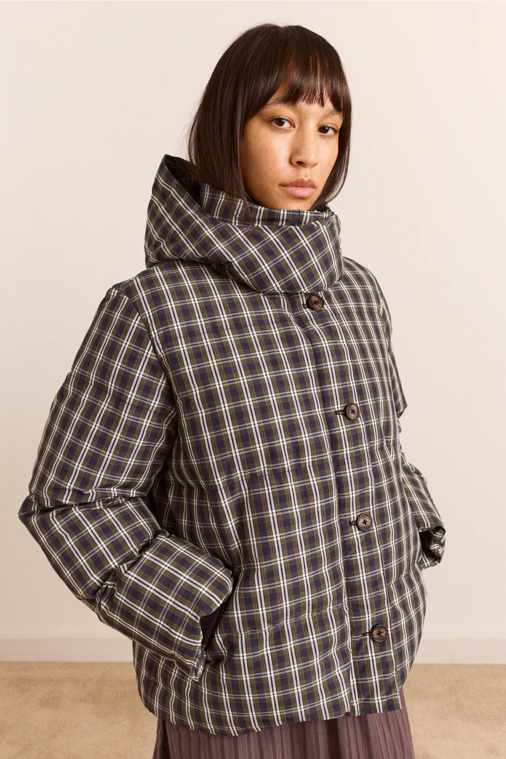 Damson Madder Pearl Hooded Puffer in Lyra Check
