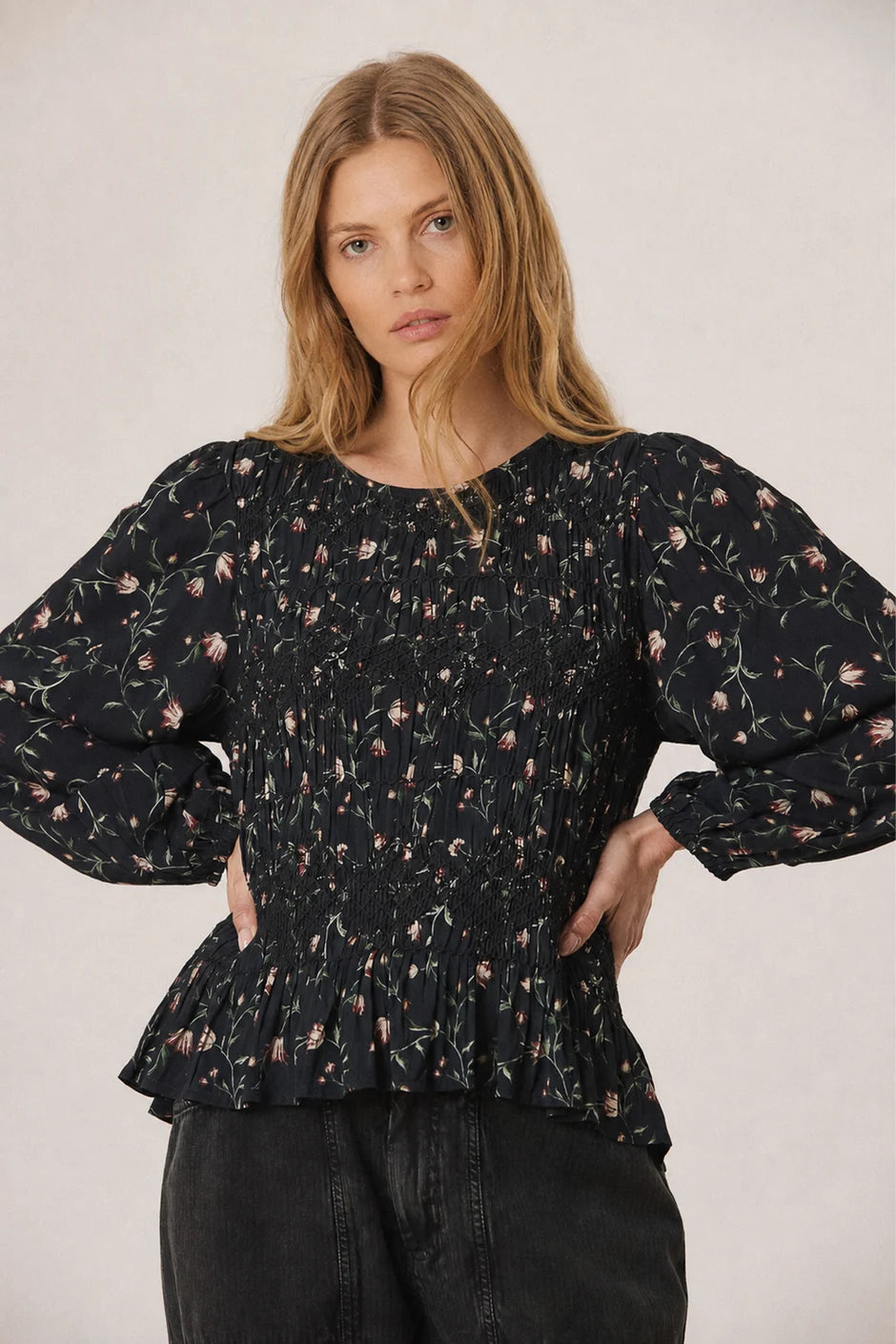 Indi & Cold Floral Smocked Blouse in Navy
