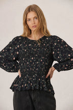 Indi & Cold Floral Smocked Blouse in Navy