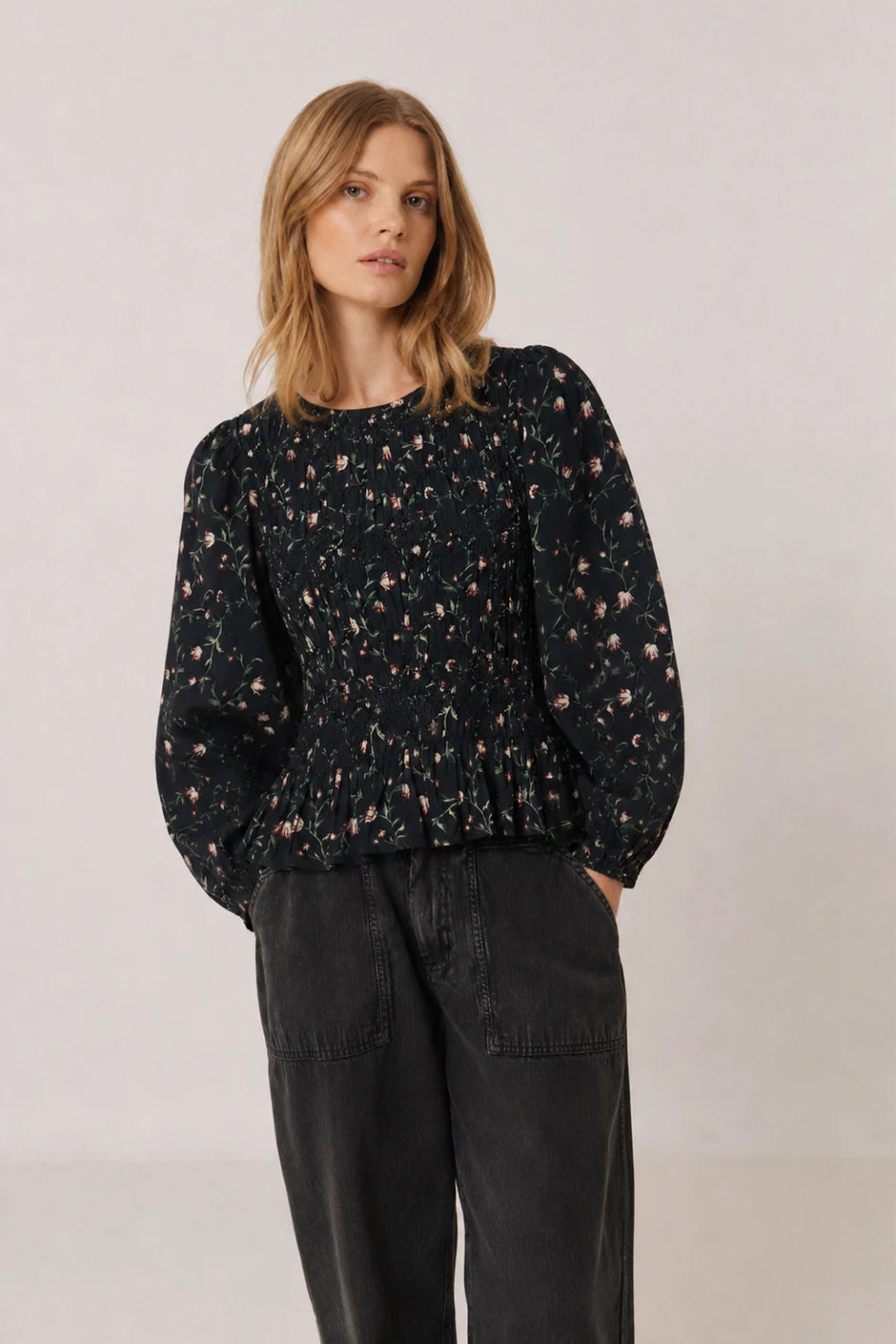 Indi & Cold Floral Smocked Blouse in Navy