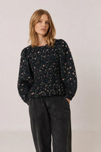 Indi & Cold Floral Smocked Blouse in Navy