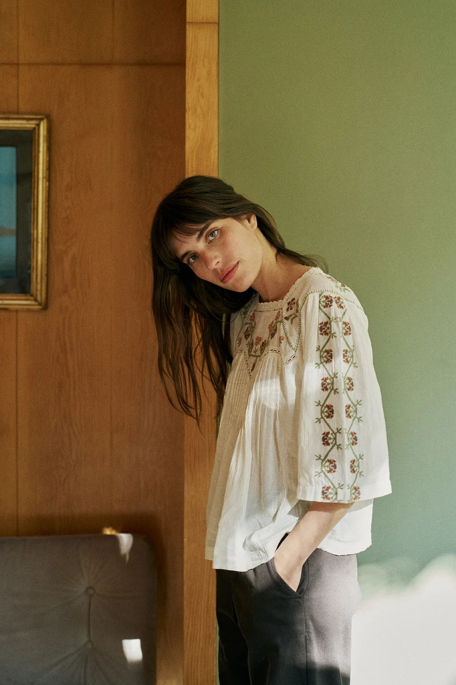 Indi & Cold Cross Stitch Detail Blouse in Cream