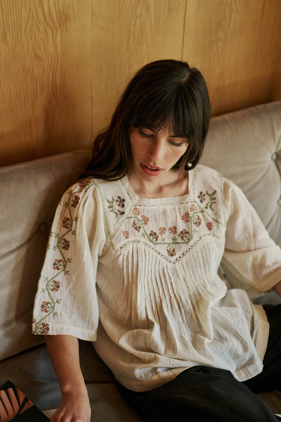 Indi & Cold Cross Stitch Detail Blouse in Cream