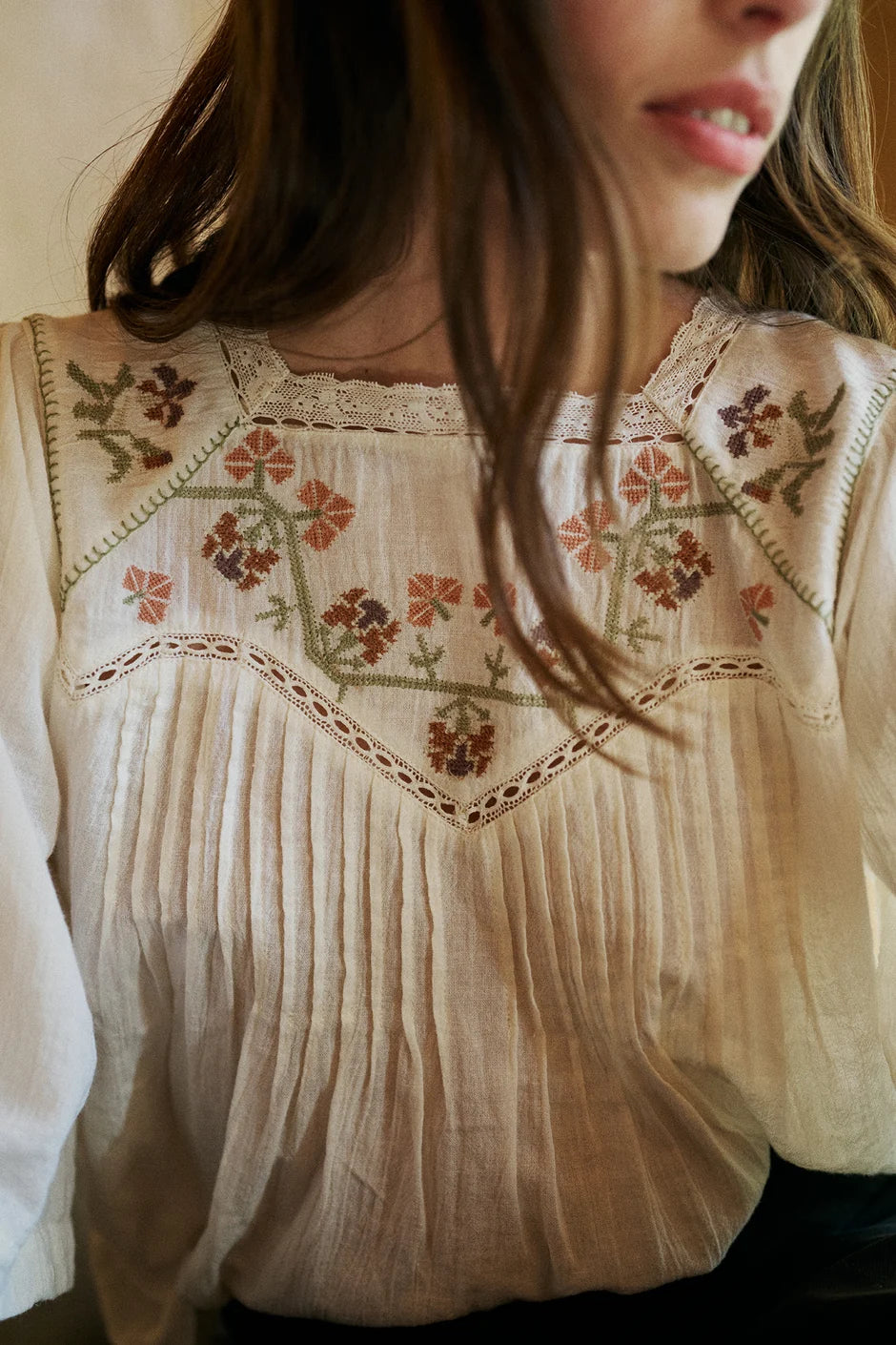 Indi & Cold Cross Stitch Detail Blouse in Cream