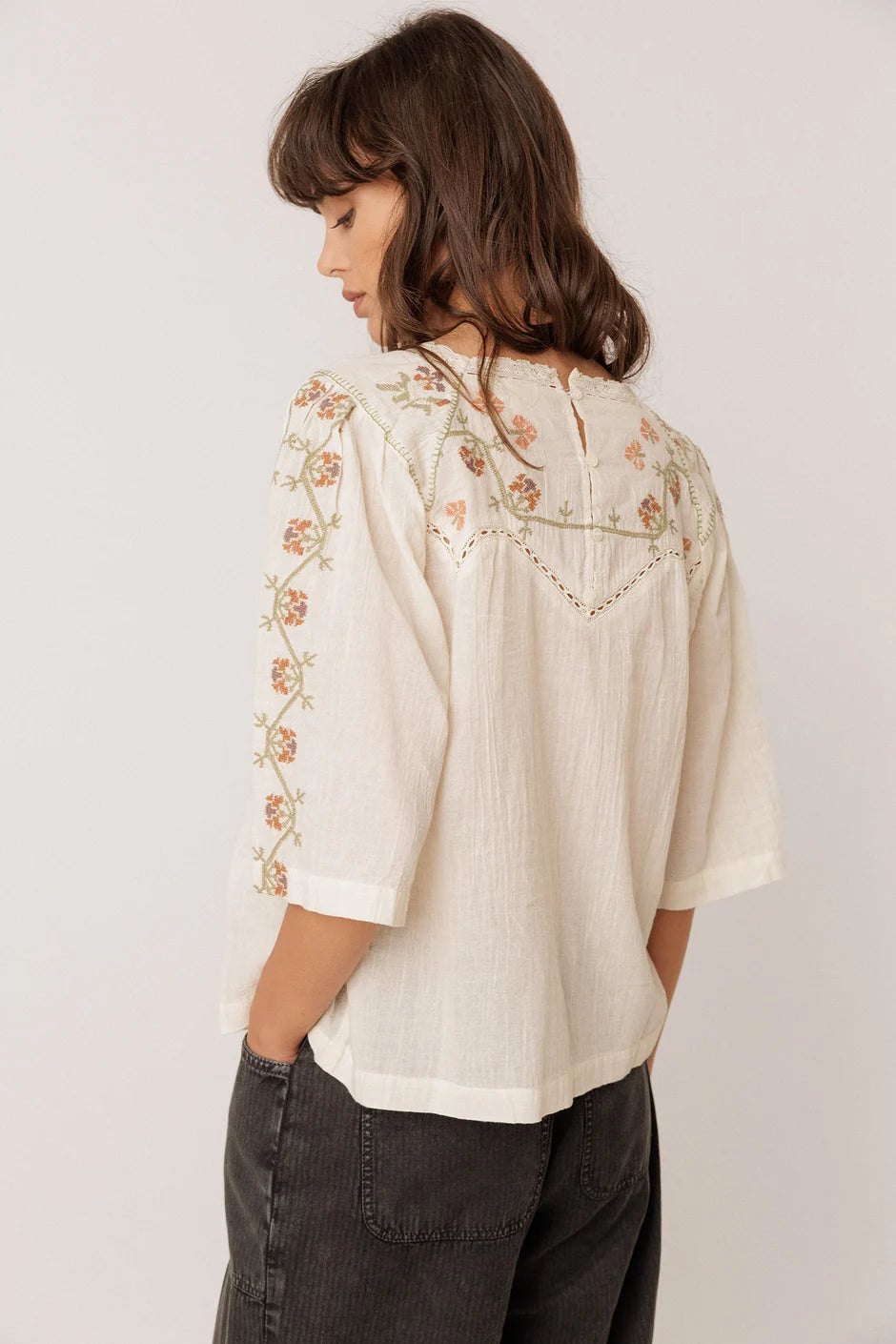 Indi & Cold Cross Stitch Detail Blouse in Cream