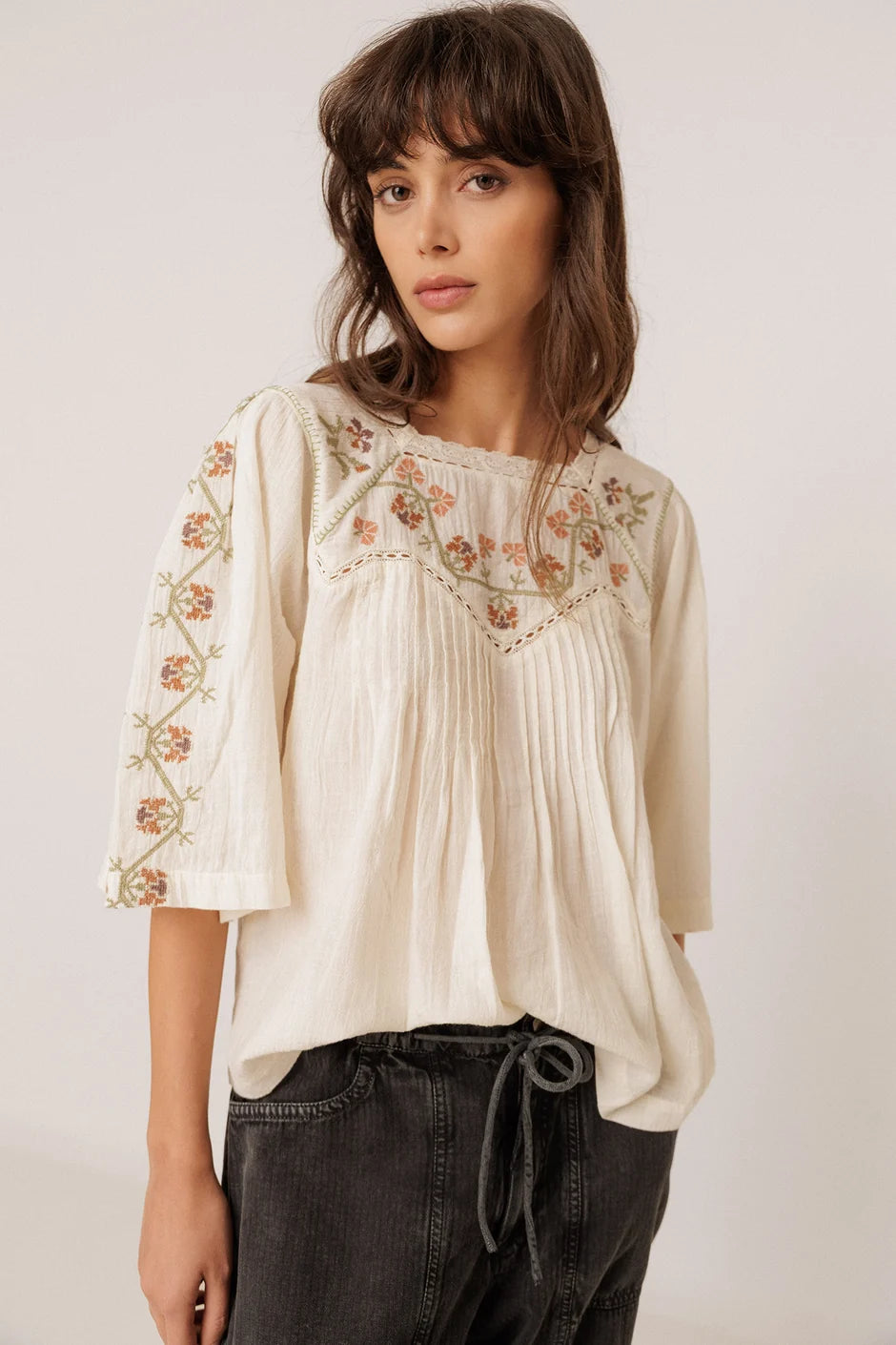 Indi & Cold Cross Stitch Detail Blouse in Cream