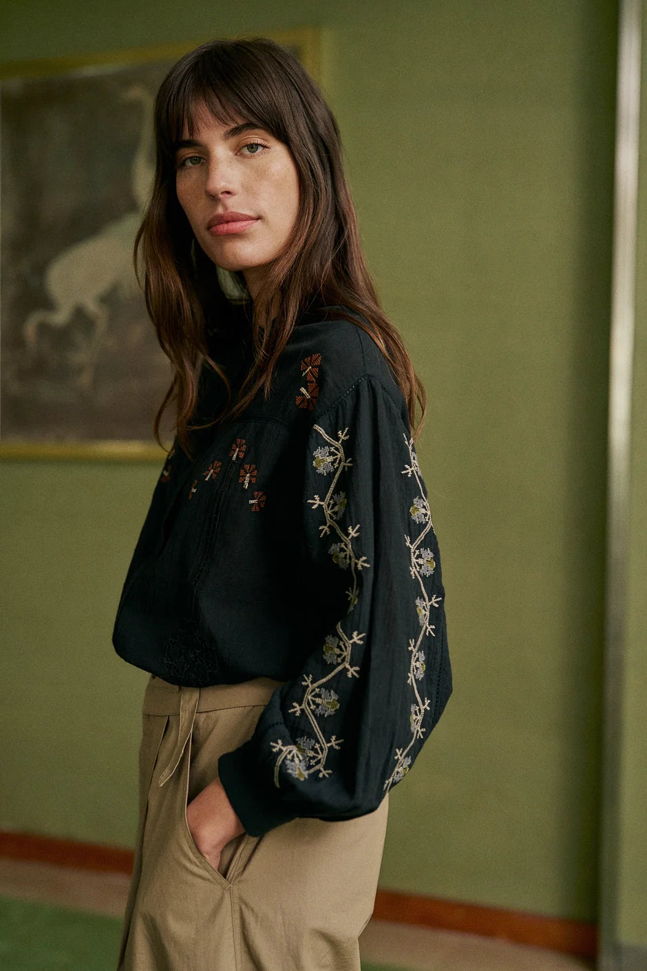 Indi & Cold Cross Stitch Detail Long Sleeve Blouse in Washed Black