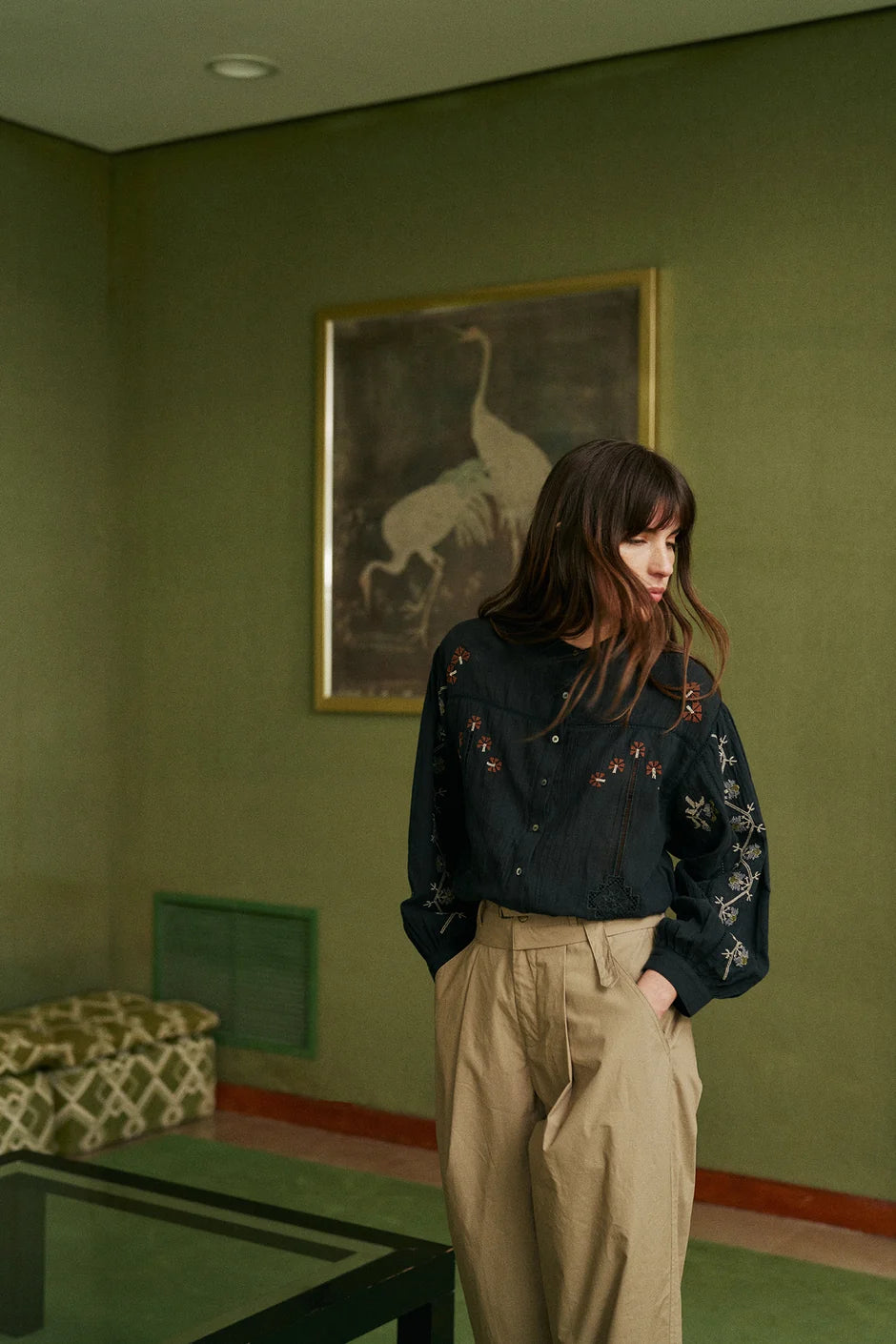 Indi & Cold Cross Stitch Detail Long Sleeve Blouse in Washed Black