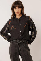 Indi & Cold Cross Stitch Detail Long Sleeve Blouse in Washed Black