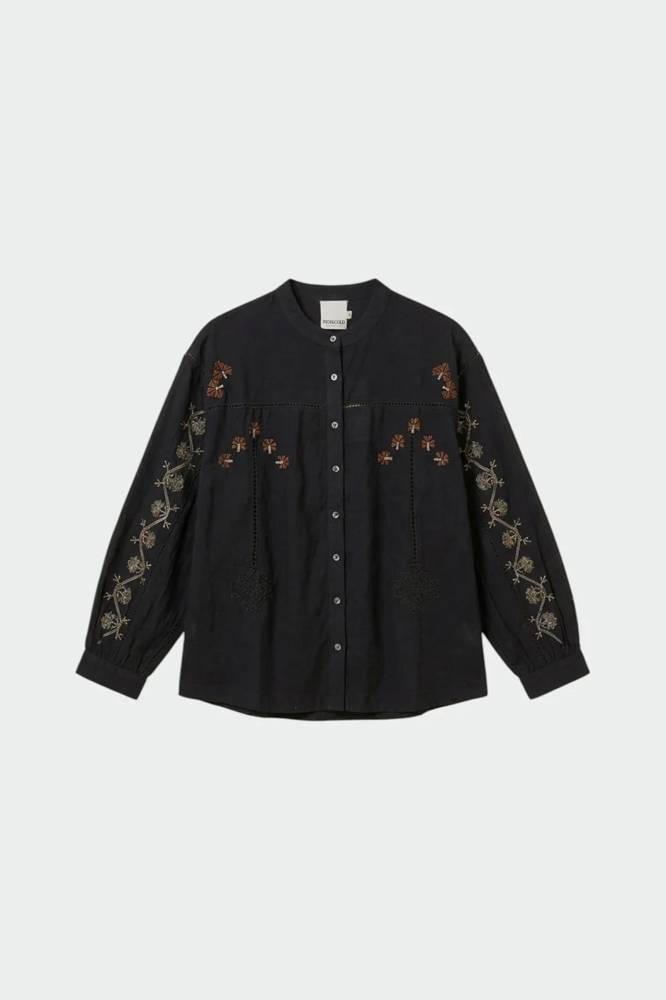 Indi & Cold Cross Stitch Detail Long Sleeve Blouse in Washed Black