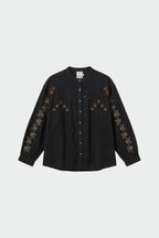Indi & Cold Cross Stitch Detail Long Sleeve Blouse in Washed Black