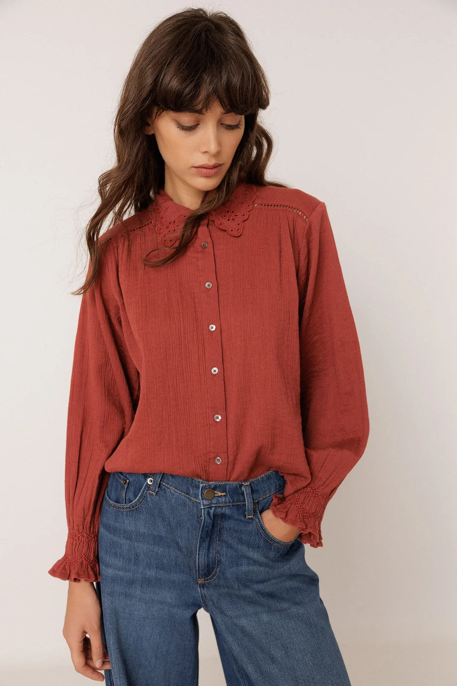 Indi & Cold Double Gauze Collared Blouse in Cherry