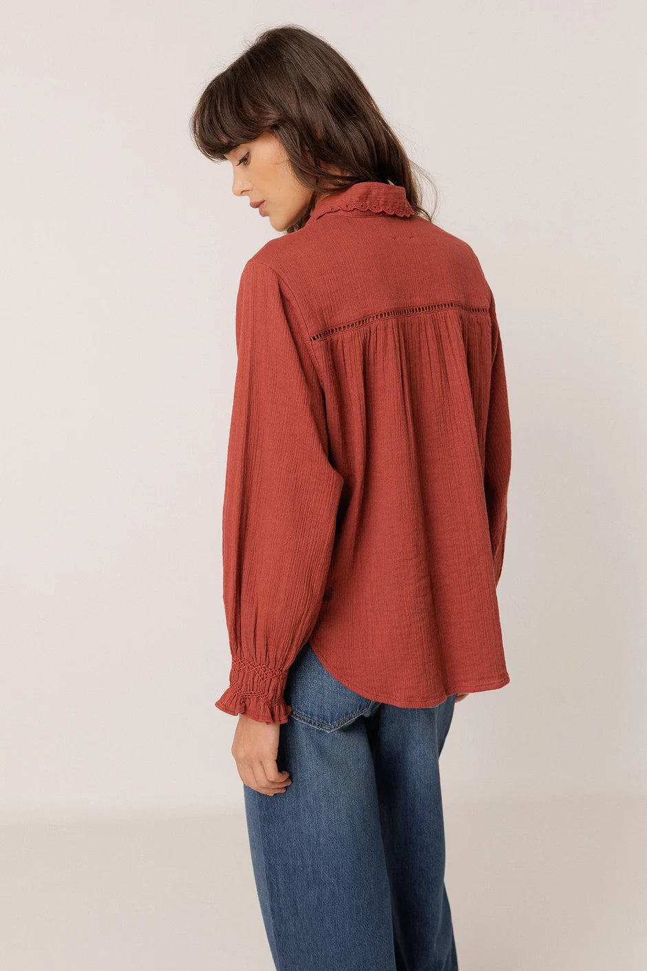 Indi & Cold Double Gauze Collared Blouse in Cherry