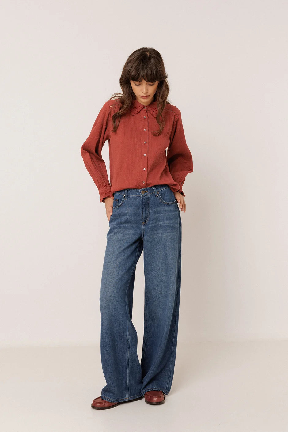 Indi & Cold Double Gauze Collared Blouse in Cherry