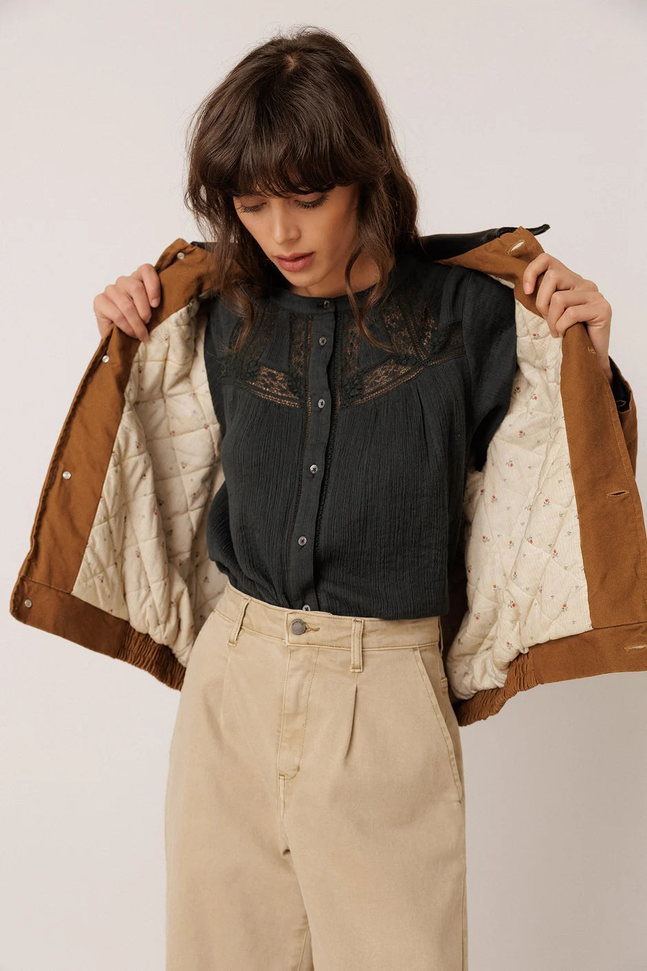 Indi & Cold Washed Effect Quilted Jacket in Toffee