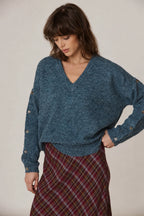 Indi & Cold Buttoned Sleeve V-Neck Neps Sweater in Blue Marl