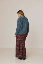 Indi & Cold Buttoned Sleeve V-Neck Neps Sweater in Blue Marl