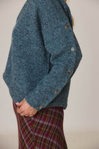 Indi & Cold Buttoned Sleeve V-Neck Neps Sweater in Blue Marl