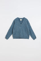Indi & Cold Buttoned Sleeve V-Neck Neps Sweater in Blue Marl